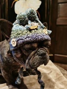 🐾I would like to offer a lovingly hand-knitted bobble cap for French bulldogs/pugs/medium-sized dogs. 🐾 The cap is knitted from soft cuddly wool (moor-colored mottled) in a cute coffee bean pattern. On the sides are recesses for the ears. At the top she has three small bobbleheads. The cords are braided and have metal paw beads for decoration. The closure straps are crocheted and are simply tied under the chin. Decorative buttons made of wood (oak leaf fired) are sewn on. The head circumferenc Loop Scarf, Medium Sized Dogs, Have Metal, Wooden Buttons, Knitted Hat, Bobble Head, Wooden Beads, Pet Clothes, Pug