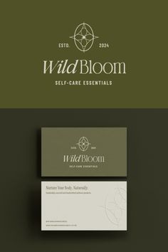 the logo for wild bloom self - care essentials is shown above two business cards