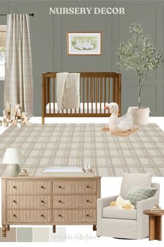 a baby's nursery room is shown with neutrals and green tones, including the crib