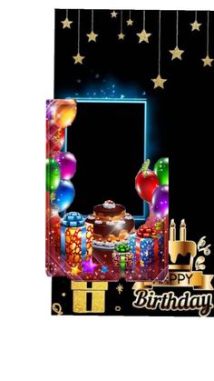 a birthday card with balloons, presents and gifts on the black background is an empty space for your text