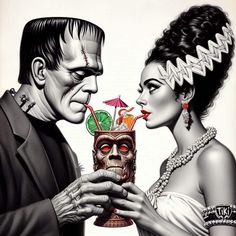 a painting of a man and woman holding a skull cup