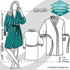 "Digital-PDF pattern for sewing Short Kimono-style Robe/ Bathrobe/ Dressing Gown. Sizes: S-M-L-XL-2XL-3XL-4XL (two sizes plus to the Body Measurements Guide) To find out which size fits you best - use our MC2 Body Measurements Chart as your size guide (see picture). The Plus-size measurements for the Bust/Waist/Hips would be as follows: - 2XL: 120/103/126 cm (the last on the chart); - 3XL: 128/113/134 cm; - 4XL: 136/123/142 cm MATERIALS: Lightweight woven or jersey/knit fabrics. Size S: fabric1 Body Measurements Chart, Bathrobe Pattern, Sewing Pdf Pattern, Pattern For Sewing, Sewing Shorts, Body Measurement Chart, Pinafore Apron, Mode Kimono, Knit Fabrics