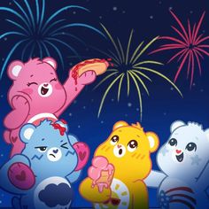 three cartoon bears eating pizza and fireworks in the background