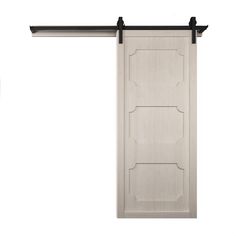 an open sliding door with black hardware on the top and bottom, against a white background