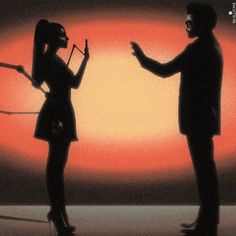 a man and woman standing next to each other in front of a red sky with the sun behind them