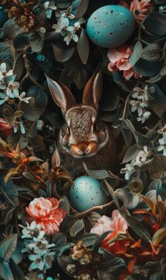 an image of a rabbit surrounded by flowers and eggs