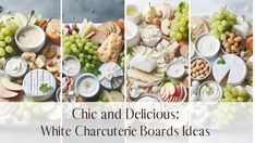 three pictures with different types of cheeses, grapes and other foods on them are shown