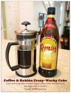 coffee and kahlua crazy - wacky cake is on the counter next to an espresso maker