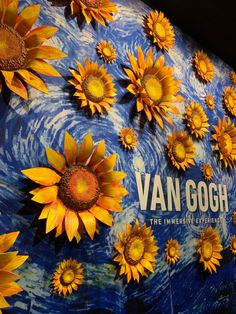 the van gogh sunflowers are on display in front of a blue and yellow wall