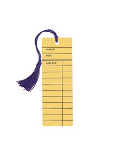 a yellow bookmark with a purple tassel on it's front and back ends