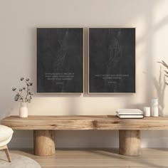 two blackboards on the wall above a wooden table