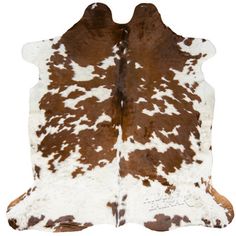 two brown and white cowhide rugs on a white background