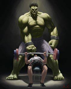 a man sitting in front of a giant hulk with a barbell on his back