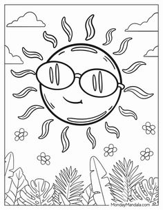 a coloring page with the sun and clouds