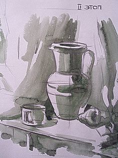 a drawing of a vase and two cups on a table with the words note ii above it