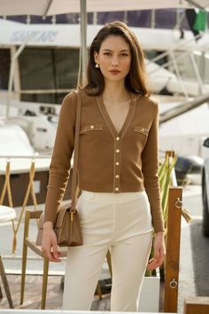 Beige Outfits For Women, Aesthetic Lawyer, Row Aesthetic, Elegant Cardigan, Lawyer Fashion, Chic Aesthetic, Slow Fashion Brands, Short Cardigan