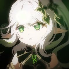 an anime character with green eyes and long white hair, standing in front of a dark background