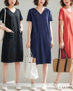 Lasaky - Premium V-Neck Short Sleeve T-Shirt Dress - Elegant Solid Color Design, Loose Fit Long Tshirt Dress, Dress Collar, Dress With Short Sleeves, Long T Shirt, Mid Length Skirts, Skirt Skirt, Long Tshirt, U Neck, Types Of Skirts