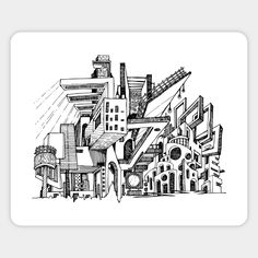 a black and white drawing of an abstract city