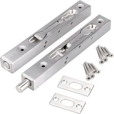 two stainless steel door latches with screws and bolts on the side, one is open