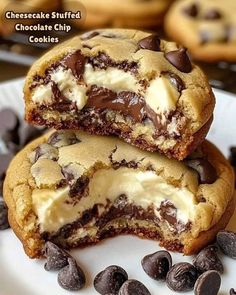 two chocolate chip cookies are stacked on top of each other