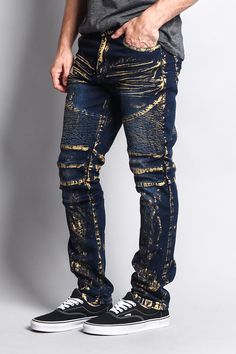 Stay trendy with these foil edged denim jeans, perfect for wearing with sneakers. - 97% Cotton, 3% Spandex- Classic five-pocket styling- Zipper fly, button closure- Machine-wash cold inside-out with like colors, line dry.- Imported. Metallic Straight Leg Jeans With Five Pockets, Winter Streetwear Jeans With Zip Fly, Metallic Straight Leg Denim Jeans, Casual Metallic Jeans For Fall, Casual Metallic Denim Bottoms, Winter Denim Jeans With Zip Fly, Metallic Straight Leg Jeans For Fall, Trendy Metallic Denim Bottoms, Casual Gold Straight Leg Bottoms