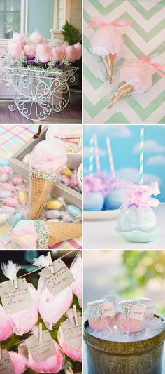 pink and blue desserts are on display at a baby's first birthday party