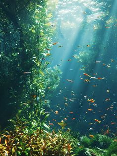 an underwater scene with fish and plants in the foreground, sunlight shining through the water