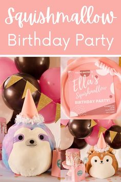 a birthday party with balloons and stuffed animals on the table, including a pink hat