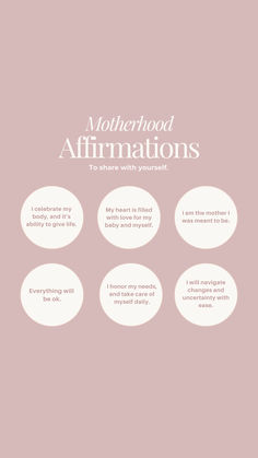 the motherhood affirmations poster is shown in white on a pink background with four circles