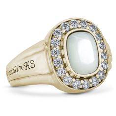 The elegant traditional look of a dinner ring and the memories of a class ring combined into one. The large rounded rectancle-shaped simulated birthstone holds center stage while cubic zirconias (or diamonds if you upgrade) surround it in a dazzling circle. Customize your ring by engraving up to 12 characters on each side including letters numbers and spaceslike your high school name and graduating year. Classic Cubic Zirconia Birthstone Ring, Formal Ring With Rectangular Center Stone, Formal Diamond Ring With Rectangular Center Stone, Formal Rings With Rectangular Center Stone, Classic Diamond Ring With Rectangular Center Stone, Classic Rectangular Diamond Ring With Center Stone, Classic Rectangular Center Stone Diamond Ring, Formal Cubic Zirconia Birthstone Ring With Accent Stones, Elegant Diamond Signet Ring With Accent Stones