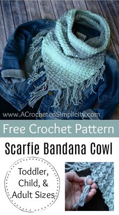 a crochet pattern for a scarf with text overlay that reads, free crochet pattern scarrif bandana cowl toddler, child and adult sizes