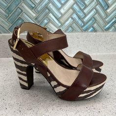 Brand New Never Worn. Brown Leather Upper With Textile Giraffe Print Heel. Has 5” Heel With 1-1/2” Platform Front. Chic Michael Kors Brown Heels, Chic Brown Michael Kors Heels, Michael Kors Brown Platform Heels, Michael Kors Brown Elegant Heels, Chic Brown Michael Kors Sandals, Elegant Michael Kors Brown Heels, Elegant Brown Michael Kors Heels, Michael Kors Brown Heels With Heel Strap, Michael Kors Brown Wedge Heels