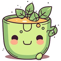 a green cup with leaves on top and eyes drawn in the shape of a face