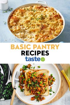 two pictures with different types of food on them and the words basic pantry recipes taste