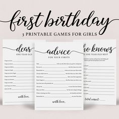 three birthday games for girls with the text first birthday printable games for girls on them