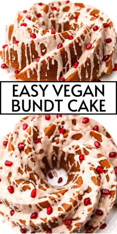 an easy vegan bundt cake with white frosting and pomegranate sprinkles