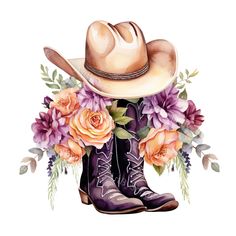 a cowboy boot with flowers and a hat on it's head, painted in watercolor