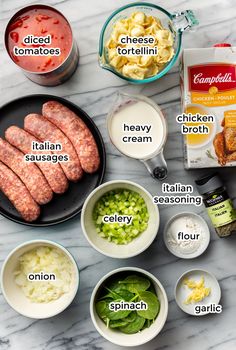 the ingredients needed to make an italian sausage recipe on a marble countertop with text