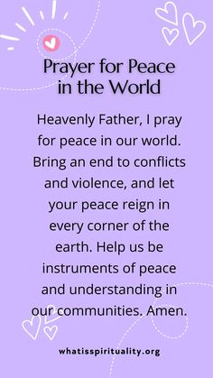 a purple background with the words prayer for peace in the world and hearts on it