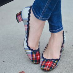 Handcrafted US sizing. Fits true to size. Heeled Boots Outfit Going Out, Heels Boots Outfit, Office Heels, Tennis Shoe Outfits Summer, Tartan Fashion, Plaid Shoes, Work Music, Tennis Shoes Outfit, Chunky Heel Pumps