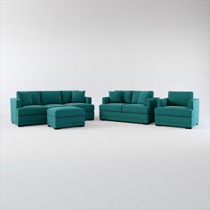 a set of three green couches and two chairs