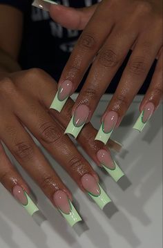 One Color Nail Designs Simple, Green Outline French Tip Nails, Jade Square Nails, Green Acrylic French Tips, French Tip Mint Green, St Patricks Day Nails French Tips Green, Cute Green French Tip Nails, Green Outline Nails, Green And Black Nails Ideas