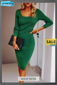 Lidia Ribbed Midi Sweater Dress - Green Casual Green Solid Color Bodycon Dress, Green Casual Solid Color Bodycon Dress, Long-sleeve Ribbed Dress, Spring Ribbed Mini Dress With Square Neck, Casual Bodycon Midi Dress With Square Neck, Casual Square Neck Bodycon Midi Dress, Fall Bodycon Dress With Square Neck, Winter Square Neck Bodycon Dress, Square Neck Winter Workwear Dress