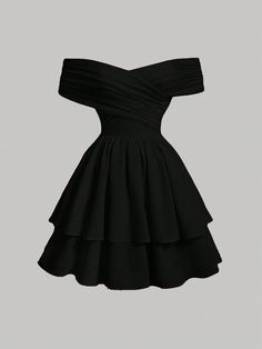 Tween Girls' Fashionable Casual Party Elegant Off-Shoulder Spaghetti Strap Princess Dress Black Elegant  Short Sleeve Knitted Fabric Plain A Line Medium Stretch  Tween Girls Clothing, size features are:Bust: ,Length: ,Sleeve Length: Black Dress Inspo Casual, Ho Co Dresses, Black Teen Dress, Cute Dresses With Sleeves, 8th Grade Dance Dresses Middle School Winter Formal, Senior Picture Ideas Black Dress, Cute Dress Outfits Aesthetic, Black Short Dress Parties Night, Cute Black Dresses Classy