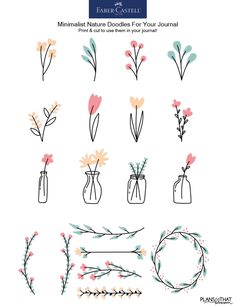 flowers and leaves in vases with text that says, minimal nature doodles for journal