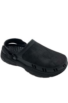 Detachable heel strap Sculpted footbed Approximately 1-3/4"H sole Fit: true to size Man-made materials Black Non-slip Sandals With Ergonomic Design, Durable Black Slip-on Sandals, Black Ergonomic Non-slip Sandals, Durable Closed Toe Black Sandals, Durable Black Closed Toe Sandals, Ergonomic Slip-resistant Sandals With Round Toe, Ergonomic Slip-resistant Round Toe Sandals, Ergonomic Black Slip-resistant Sandals, Black Synthetic Clogs With Textured Footbed