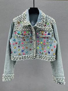 Pearl Radiance Denim Jacket – itsshirty Beaded Denim Jacket, Bedazzled Jeans, Summer Elegance, Embellished Denim Jacket, Sporty Looks, Embellished Denim, Jive, Denim And Lace, Recycled Denim