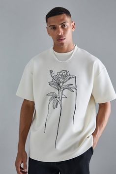 Oversized Floral Line Drawing Scuba T-shirt | boohooMAN USA Japan T Shirt, Etsy Tshirt, Floral Line Drawing, Race Day Outfits, Gym Jacket, Going Out Trousers, Printed Tshirt, Notes Style, Plus Size Suits