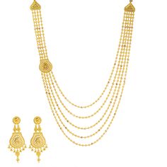 This one of a kind jewelry set is made of authentic 22k Indian gold, lush beading, and delicate filigree work. It's an amazing gold jewelry set for women to pair with their best evening looks to add a culture flare. Features• Virani signature 22K yellow gold.• Beading.• Filigree.Specifications• Minimum Earring Width - 4 millimeters • Maximum Earring Width - 12 millimeters• Earring Length - 3 inches• Minimum Necklace Width - 6 millimeters • Maximum Necklace Width - 15 millimeters• Necklace Length